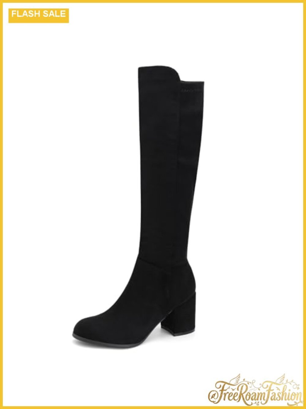 Knee High Boots Round Toe Stretchy Faux Leather Low Block Heel Zipper Tall Boots